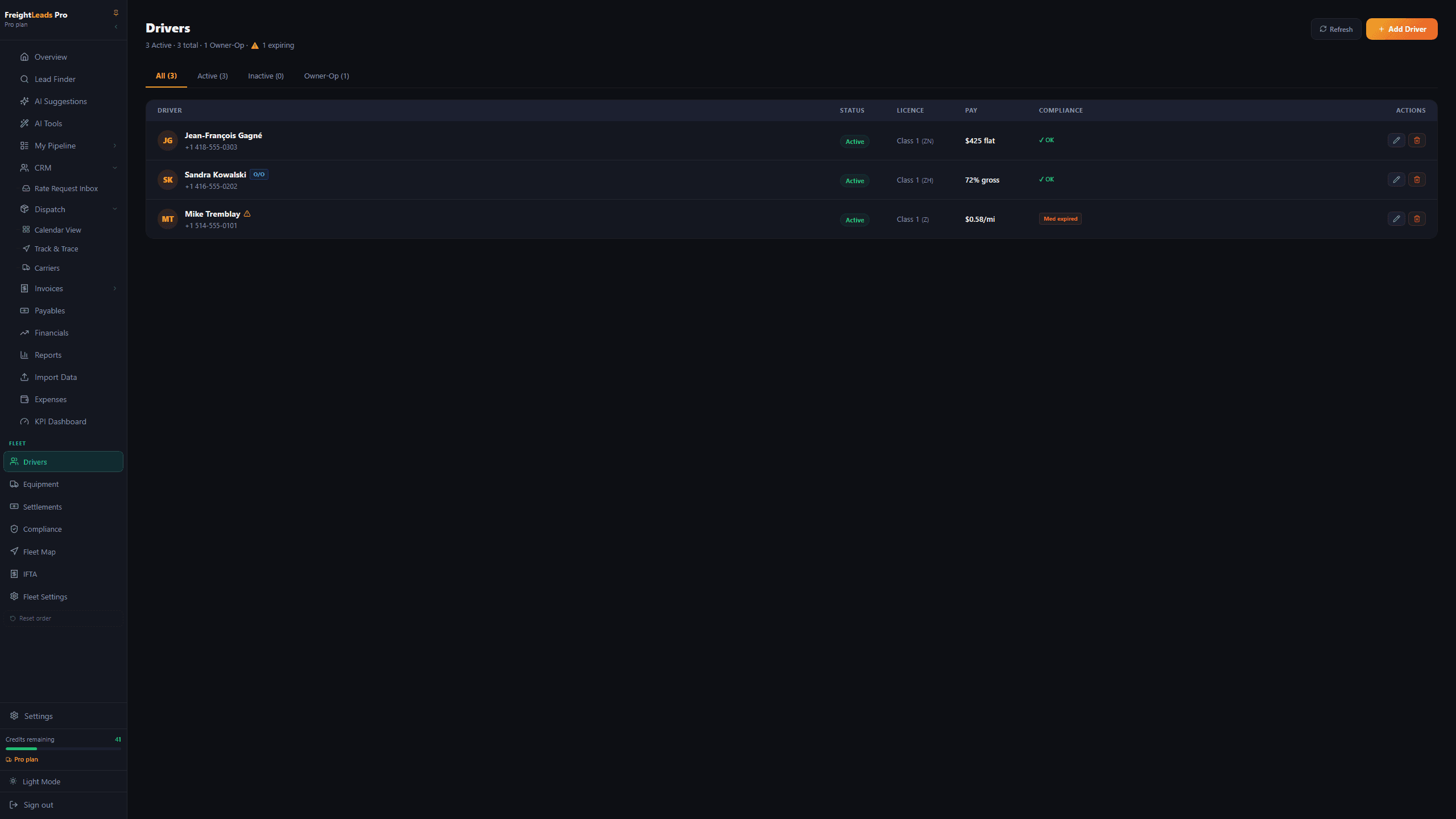 FreightLeads Pro driver roster showing CDL class, pay model, and compliance status for each driver