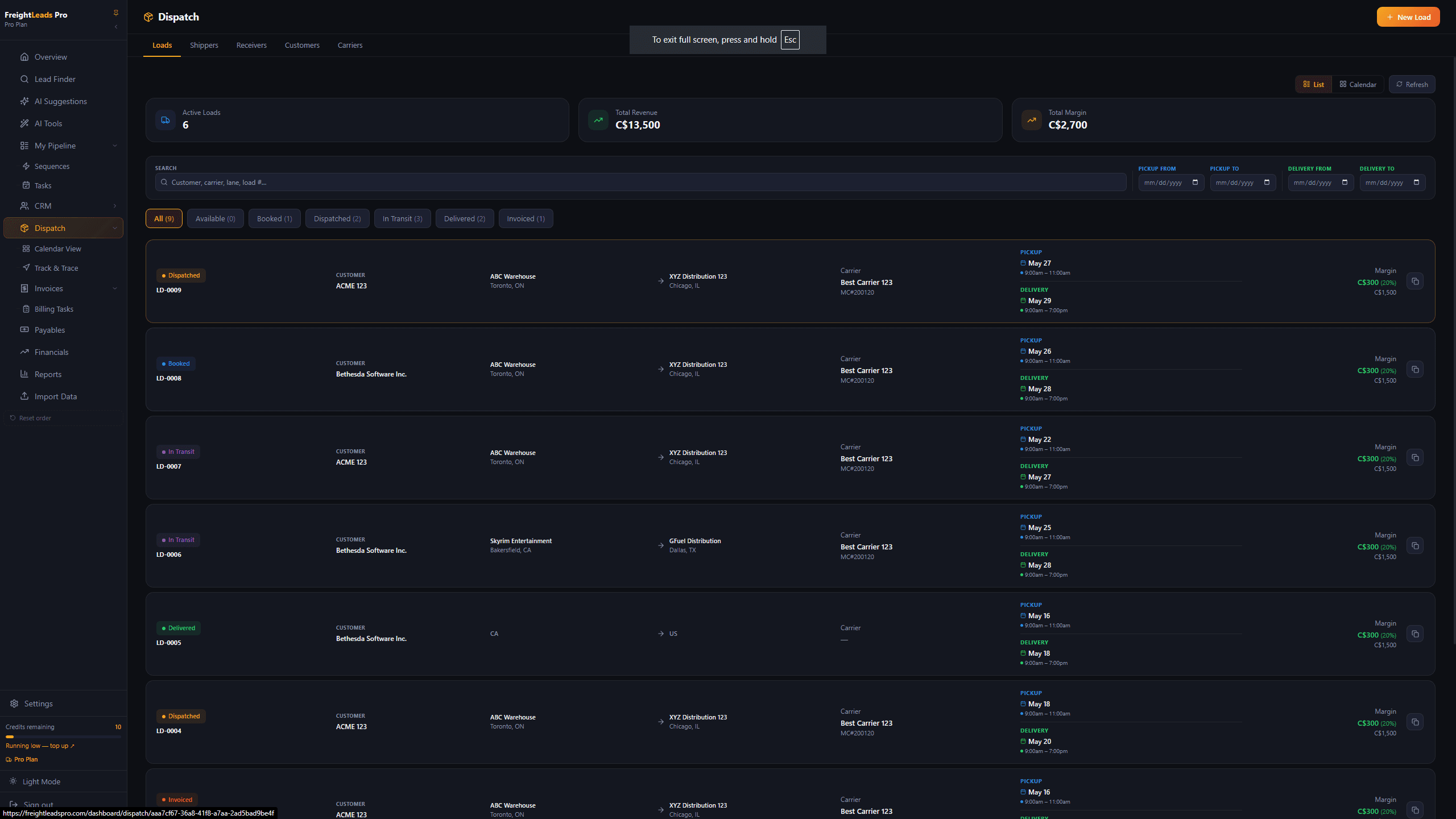 FreightLeads Pro dispatch board showing active loads with status and margin