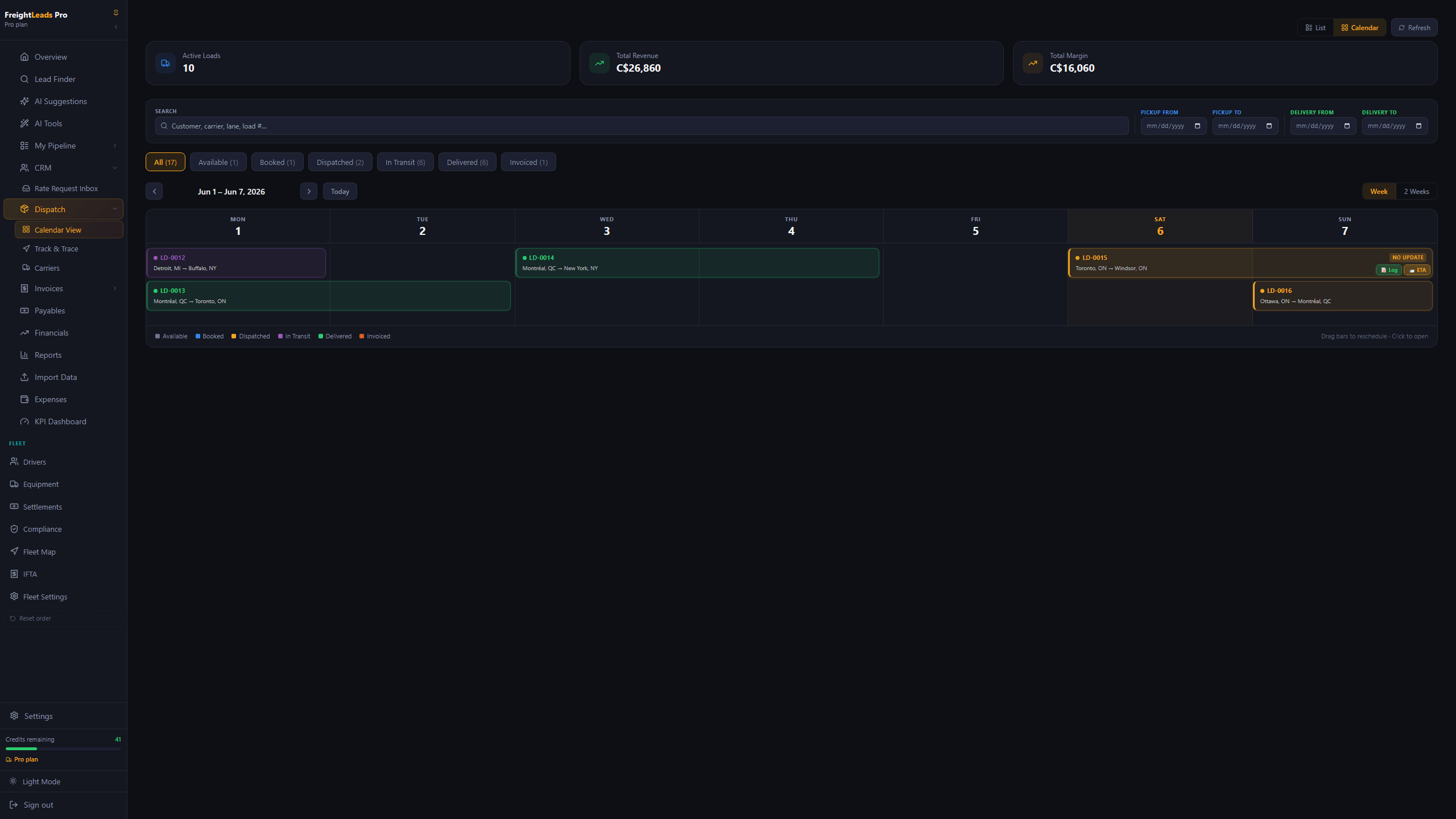 FreightLeads Pro dispatch calendar showing active loads by date with colour-coded status