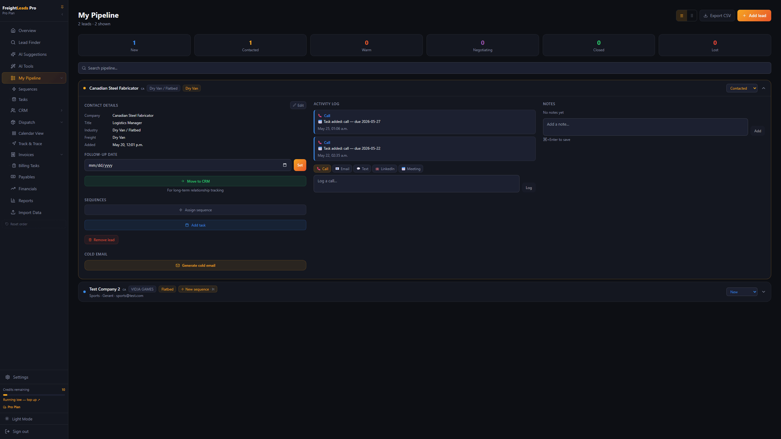 FreightLeads Pro pipeline CRM showing shipper leads